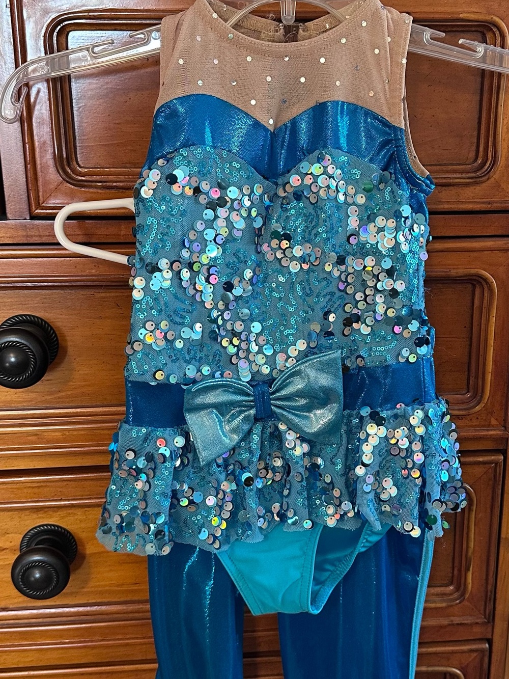 Teal Blue Sequin Dance Costume with Bow Accent